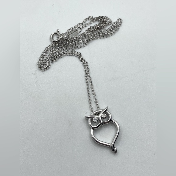 DIAMOND & Sterling Silver Owl Bird Pendant w Chain 18” & .6” - Picture 3 of 8